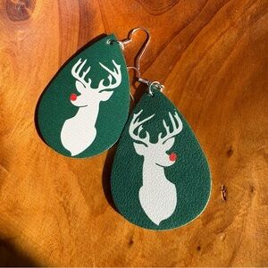 Christmas Earrings Green Earrings with White Reindeer Silhouette